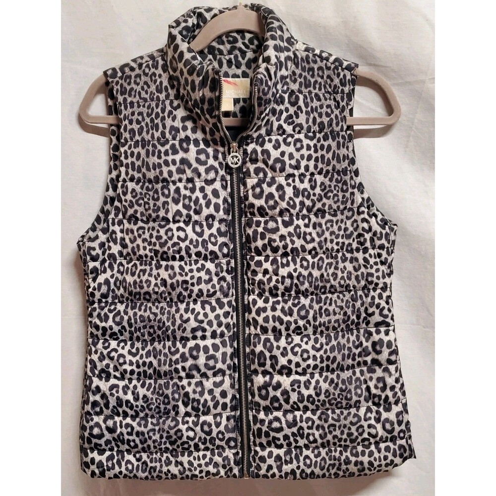 Michael KORS black Gray Animal Print full exposed zip Puffer Vest S